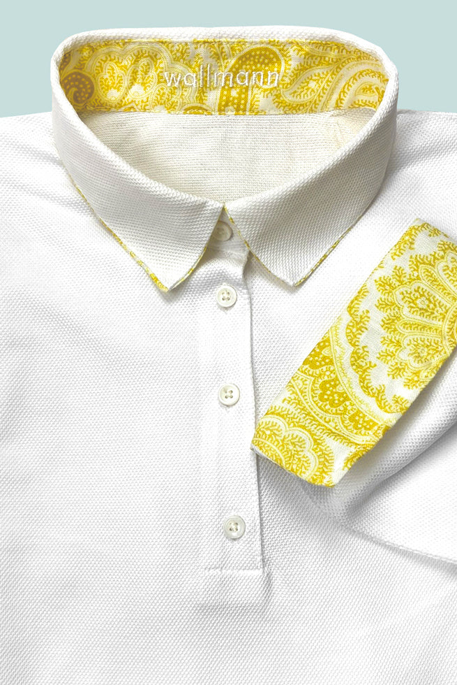 3/4 Poloshirt mit gelbem Paisley Kontrast | weiß