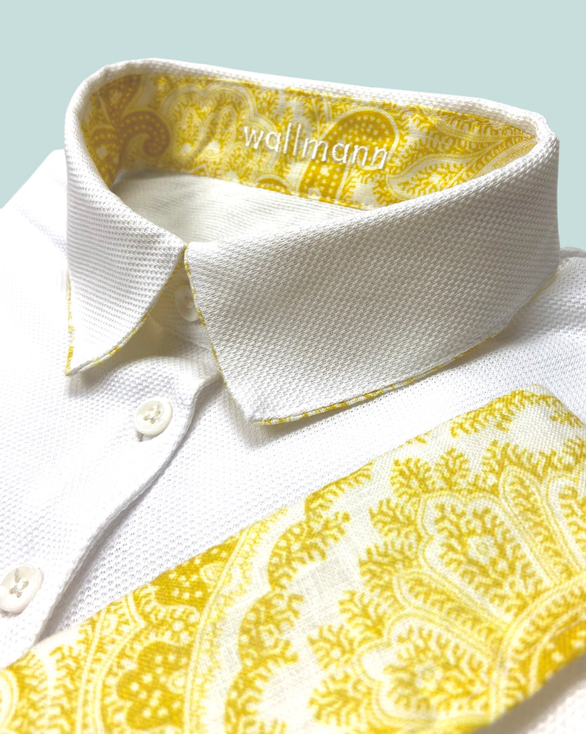 3/4 Poloshirt mit gelbem Paisley Kontrast | weiß
