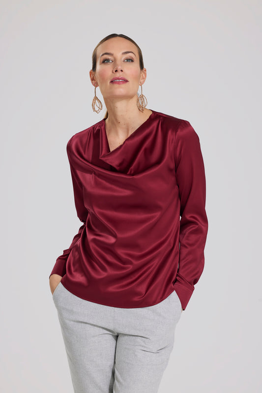 leger bis locker geschnittene seidenbluse mit wasserfallausschnitt, langarm mit manschette, wallmann