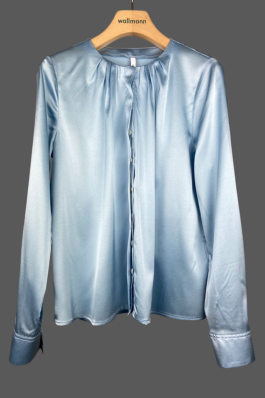 leger geschnittene seidenbluse, faltendetail an hals, blau, wallmann