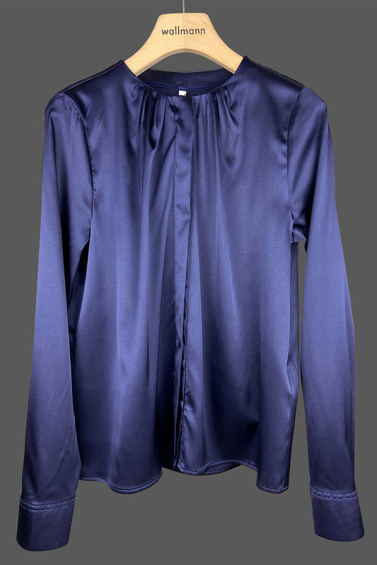 leger geschnittene seidenbluse, faltendetail an hals, dunkelblau, wallmann