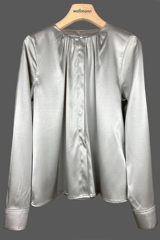 leger geschnittene seidenbluse, faltendetail an hals, grau, wallmann